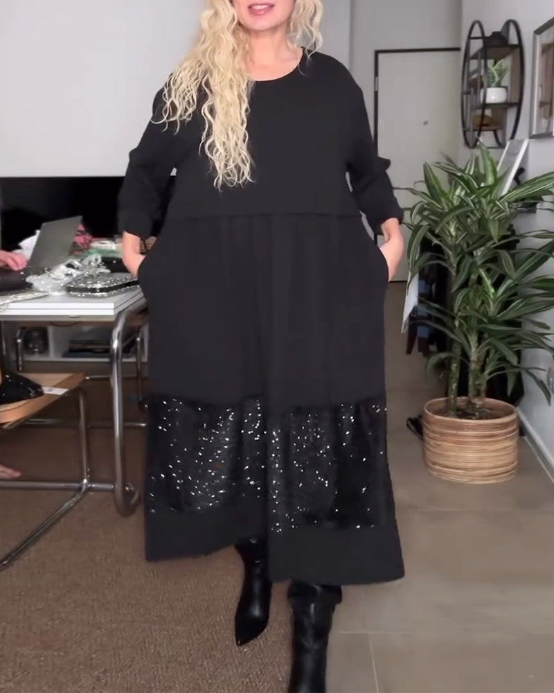 Robe Col Rond Paillette Patchwork Loose
