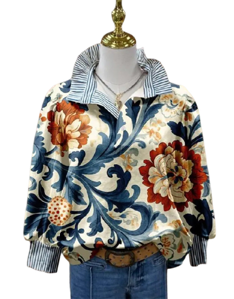 Blouse Vintage Fleurie Patchwork Rayée Col