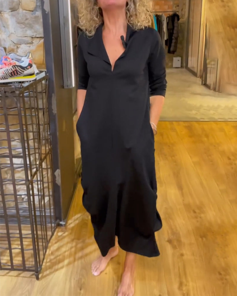 Robe De Couleur Unie Avec Col En V Et Coupe Trapèze