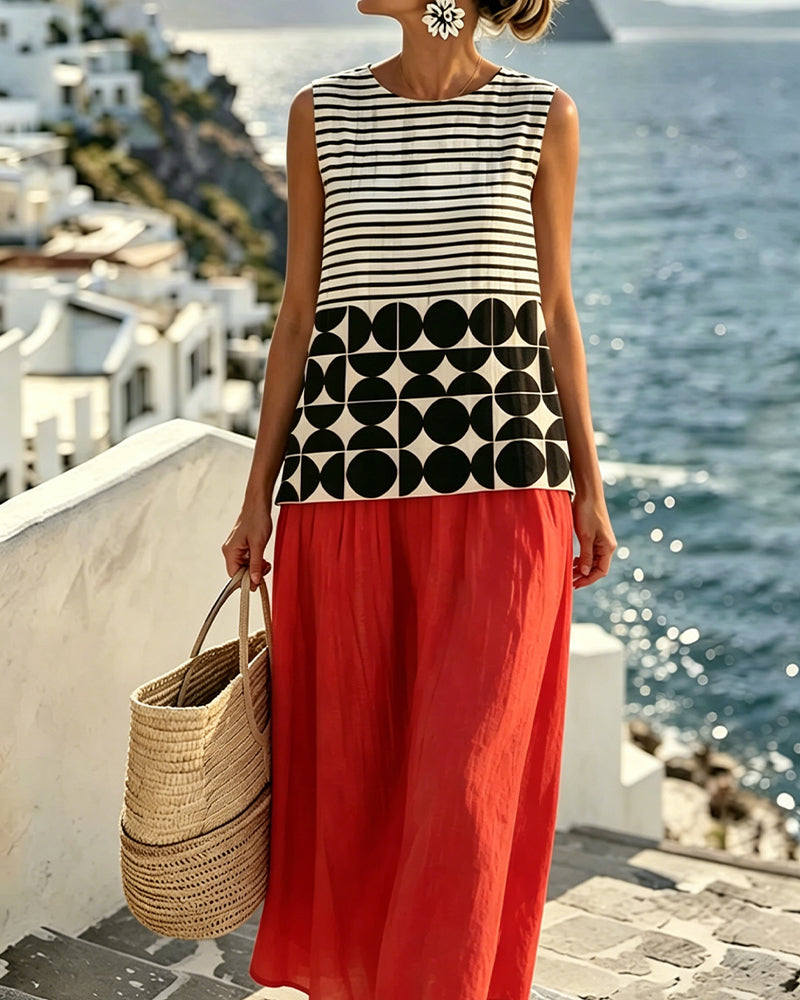 Robe Géométrique Imprimé Contraste Sans Manches