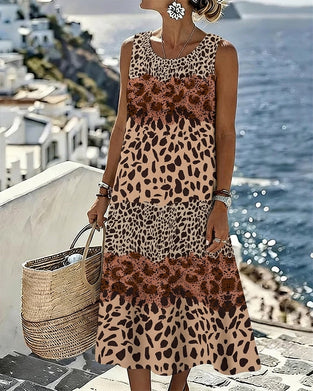 Robe Bloc De Couleur Léopard Imprimé Sans Manches Midi