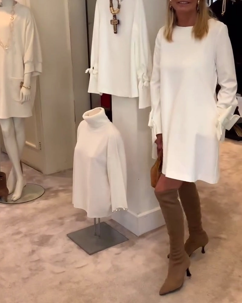 Robe Élégant Col Rond Manche Nœud