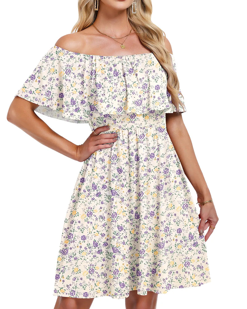 Robe Florale Épaules Dénudées Midi