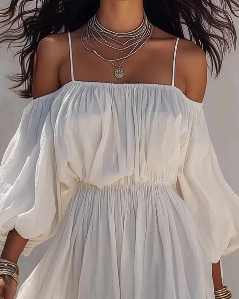 Robe Hors Épaule Fine Bretelle Manche Lanterne