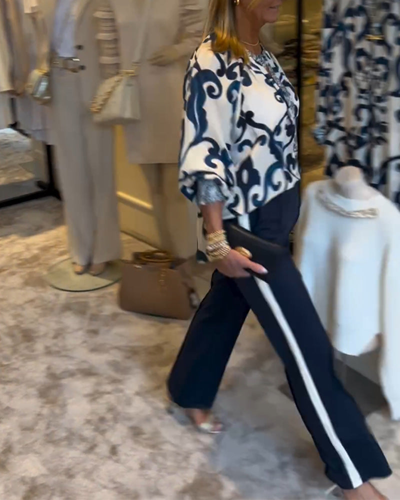 Blouse à manches lanternes à motif rétro