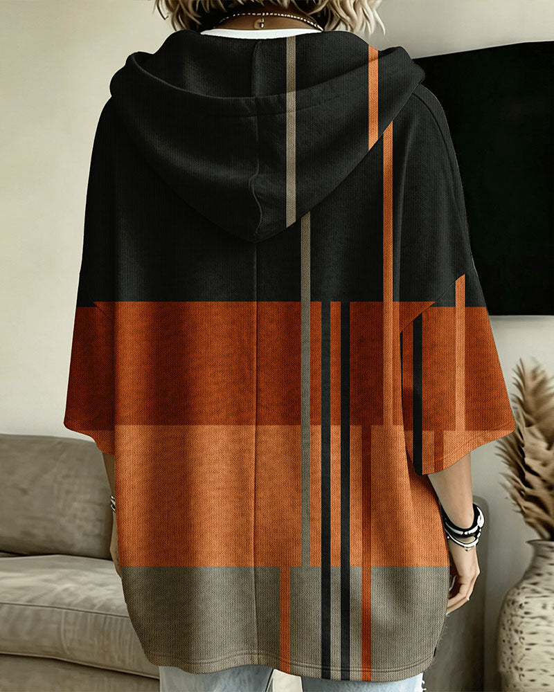 Sweatshirt Bloc De Couleur Rayé Épaule Descendue Capuche