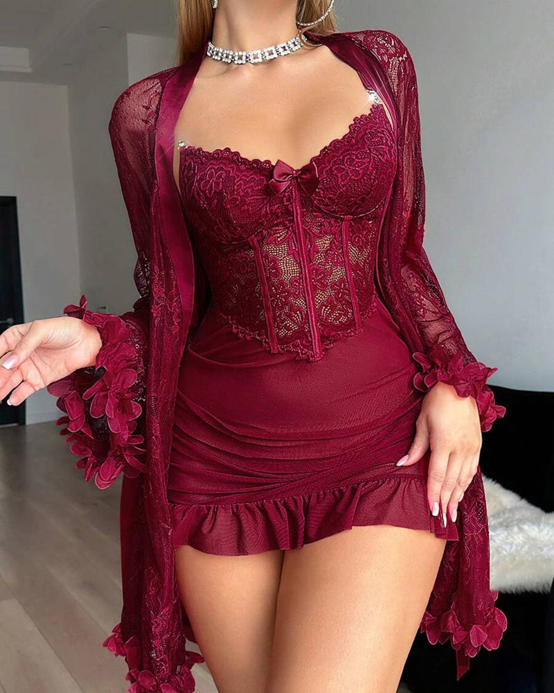 Robe Dentelle Cache-Cœur Bretelles Spaghetti Bordure Dentelle Pyjama