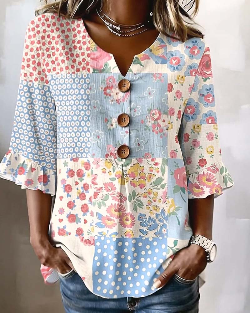 Blouse Manches Courtes Imprimé Floral Patchwork