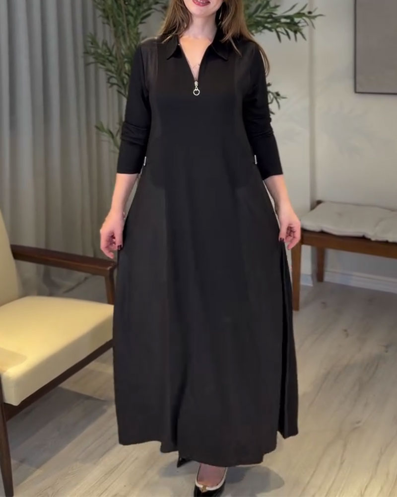 Robe Uni Fermeture Éclair Col Revers