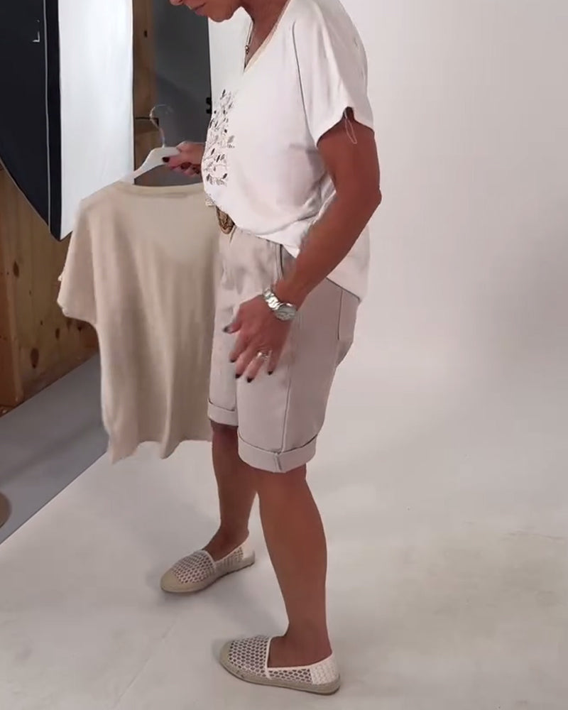 T-Shirt Col En V Imprimé Polyvalent