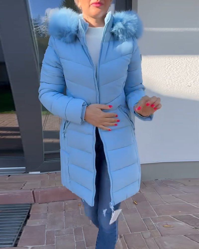 Veste matelassée décontractée à capuche avec poche zippée et couleur unie