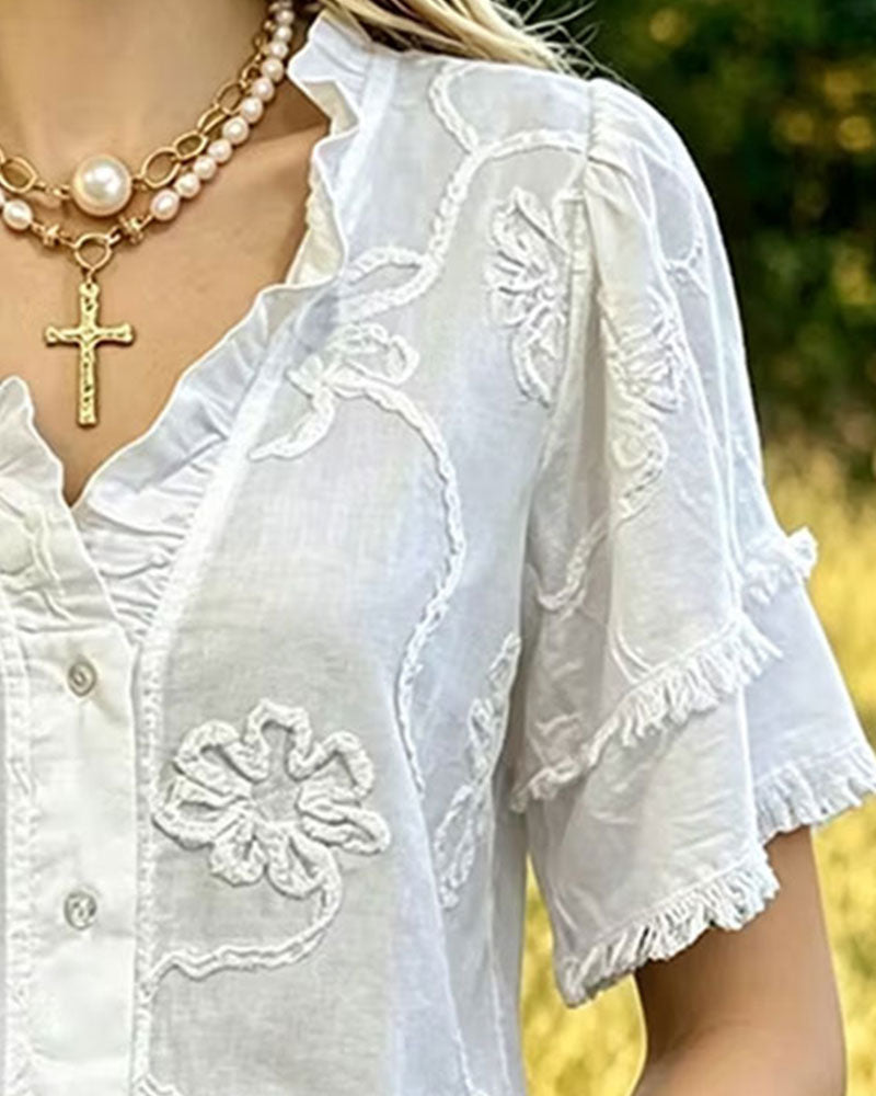 Blouse Ourlet Frangé Manches Bouffantes