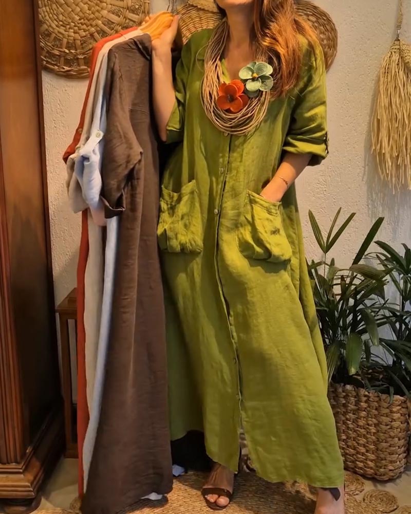Robe Poche Lin Cardigan Décontracté