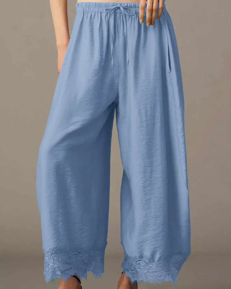 Pantalon Taille Élastique Panneau Dentelle Décontracté