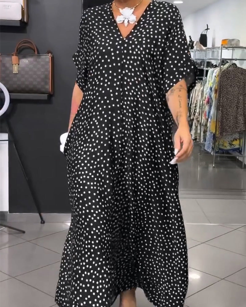 Robe Col-V Pois Ample Évasée