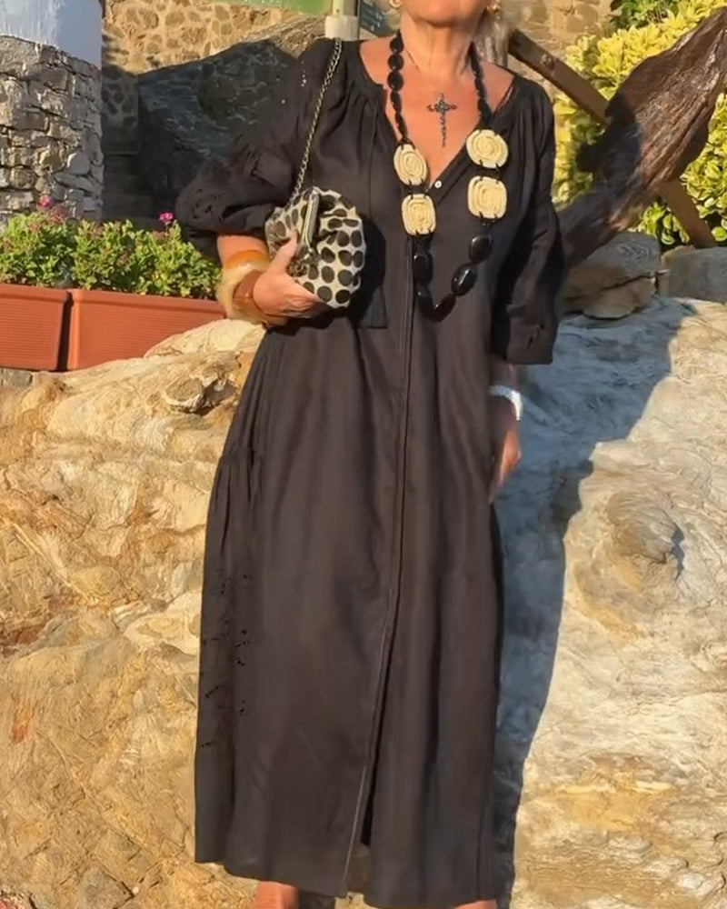 Robe Col V Poche Jupe Ample Lâche Unie