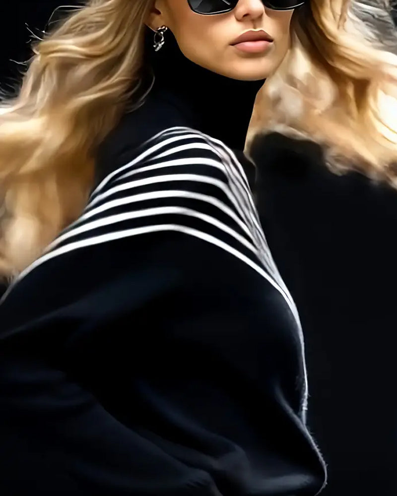 Pull Col Roulé Rayé Épaule Tombée