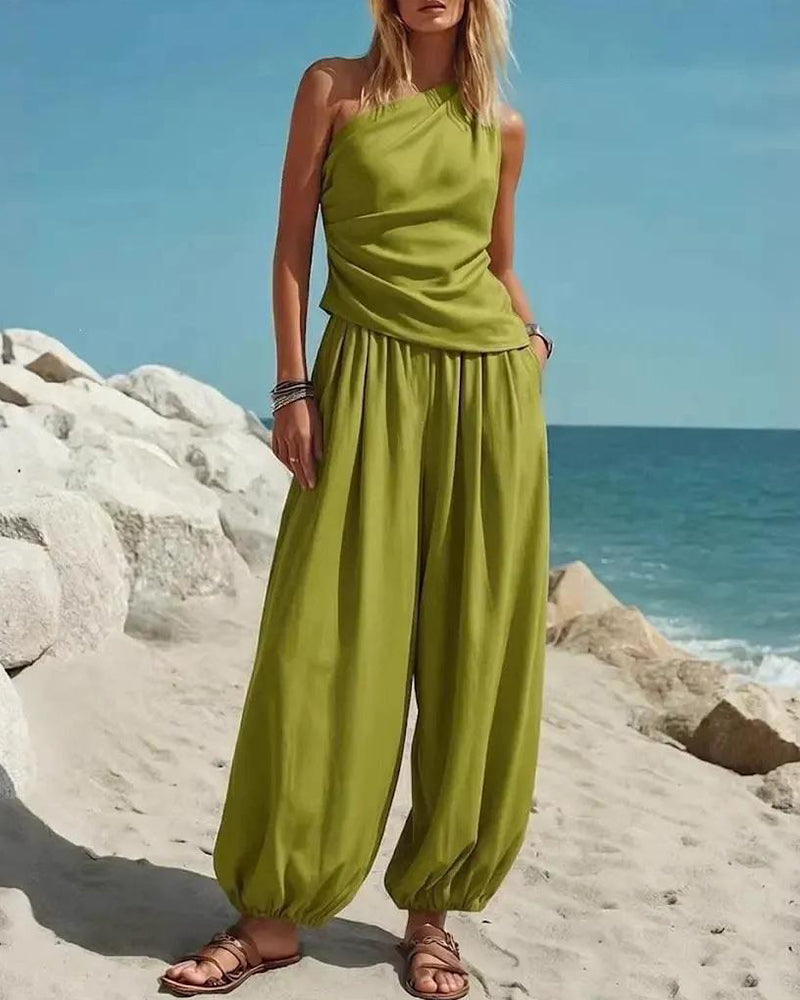Set Haut Tank Top Une Épaule Taille Haute Pantalon