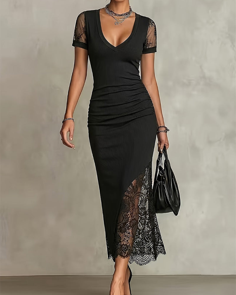 Robe Col V Dentelle Patchwork Taille