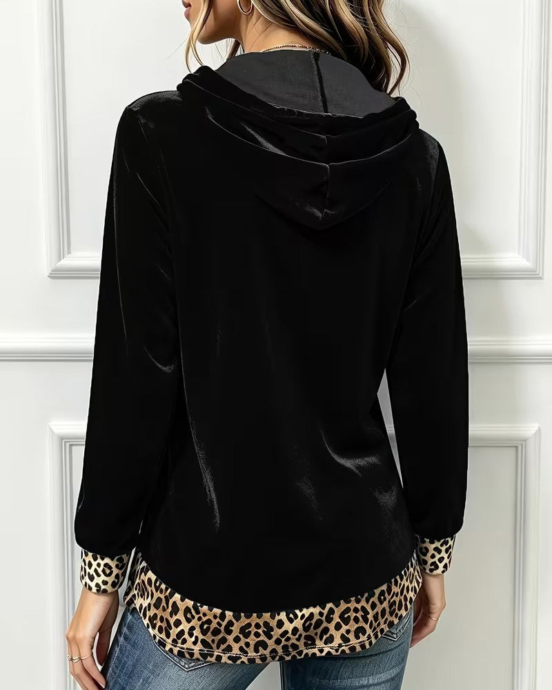 Sweat Imprimé Léopard Panneauté Demi-Zip À Capuche