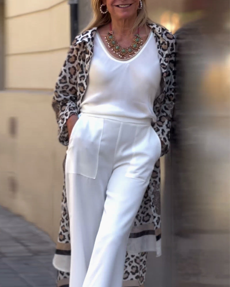 Manteau long décontracté à revers imprimé léopard