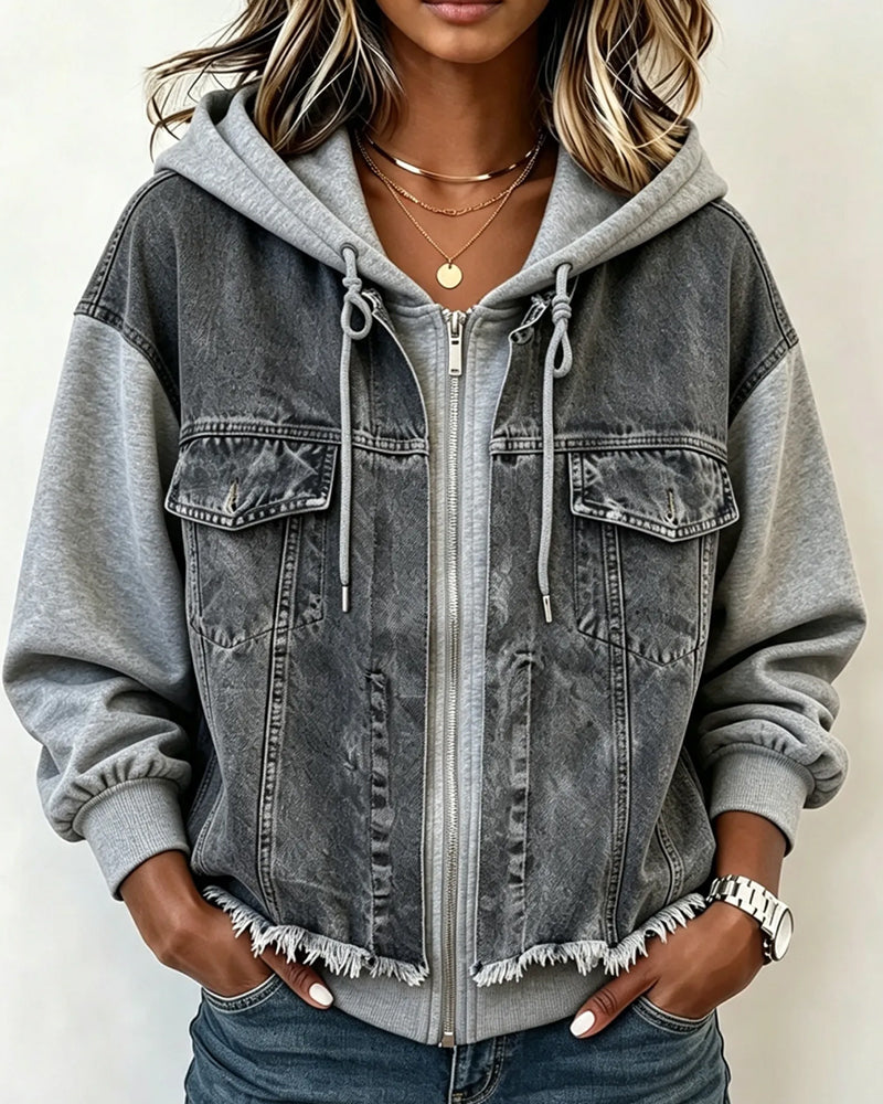 Manteau Denim Patchwork À Capuche Sweat