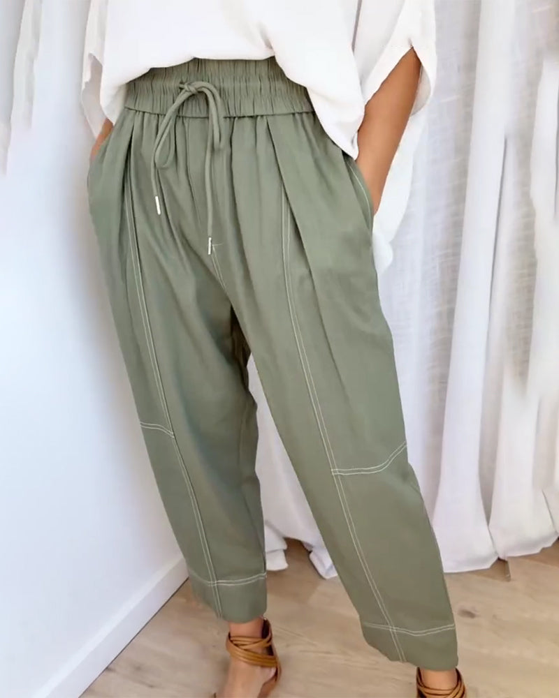 Pantalon Lanterne À Taille Élastique Avec Cordon De Serrage