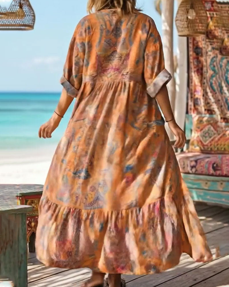 Robe Rétro Imprimé Fleuri Col V Maxi