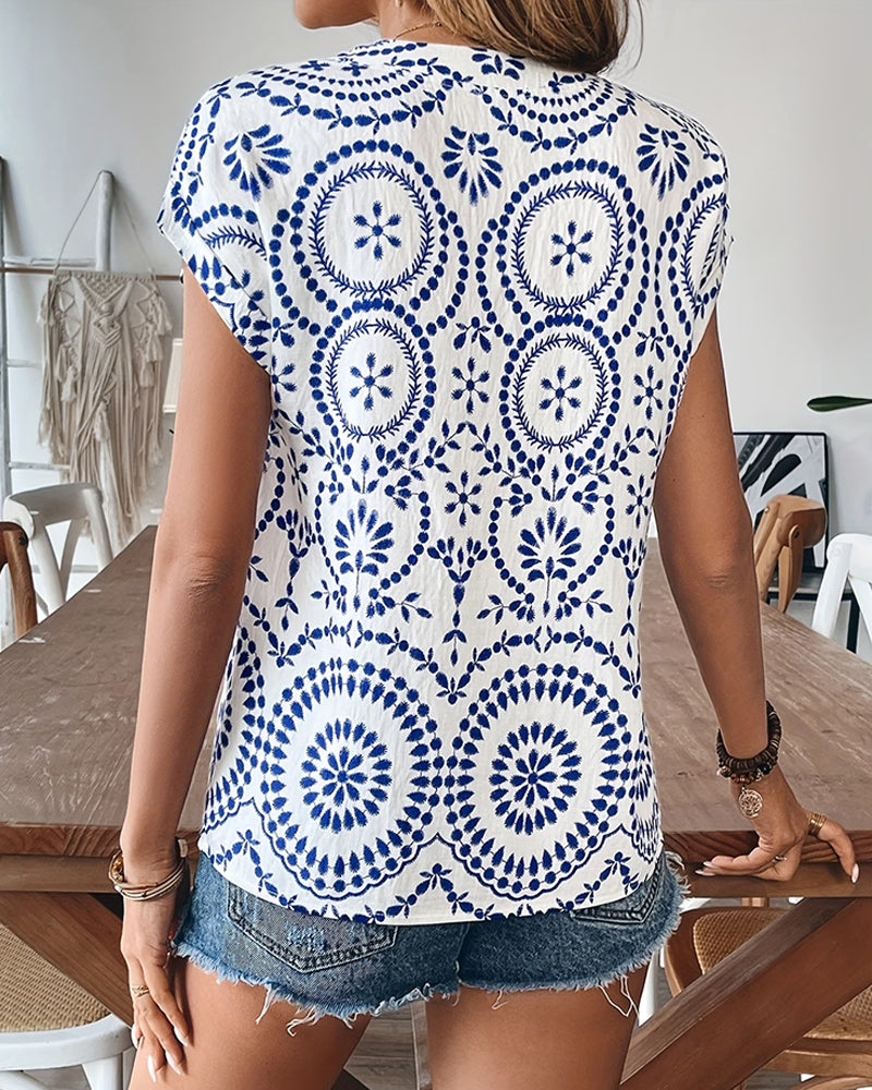 Blouse Décontractée Imprimé Col V