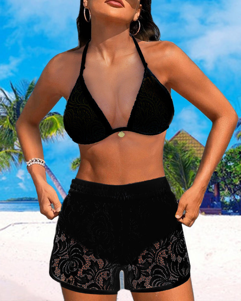 Bikini dos nu en dentelle de couleur unie