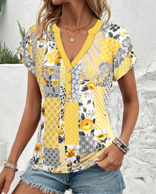 Blouse Col En V Manches Courtes Imprimé Floral