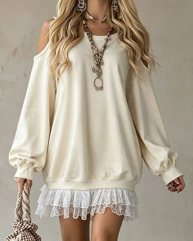 Robe Cold Shoulder Manche Lanterne Dentelle Patchwork