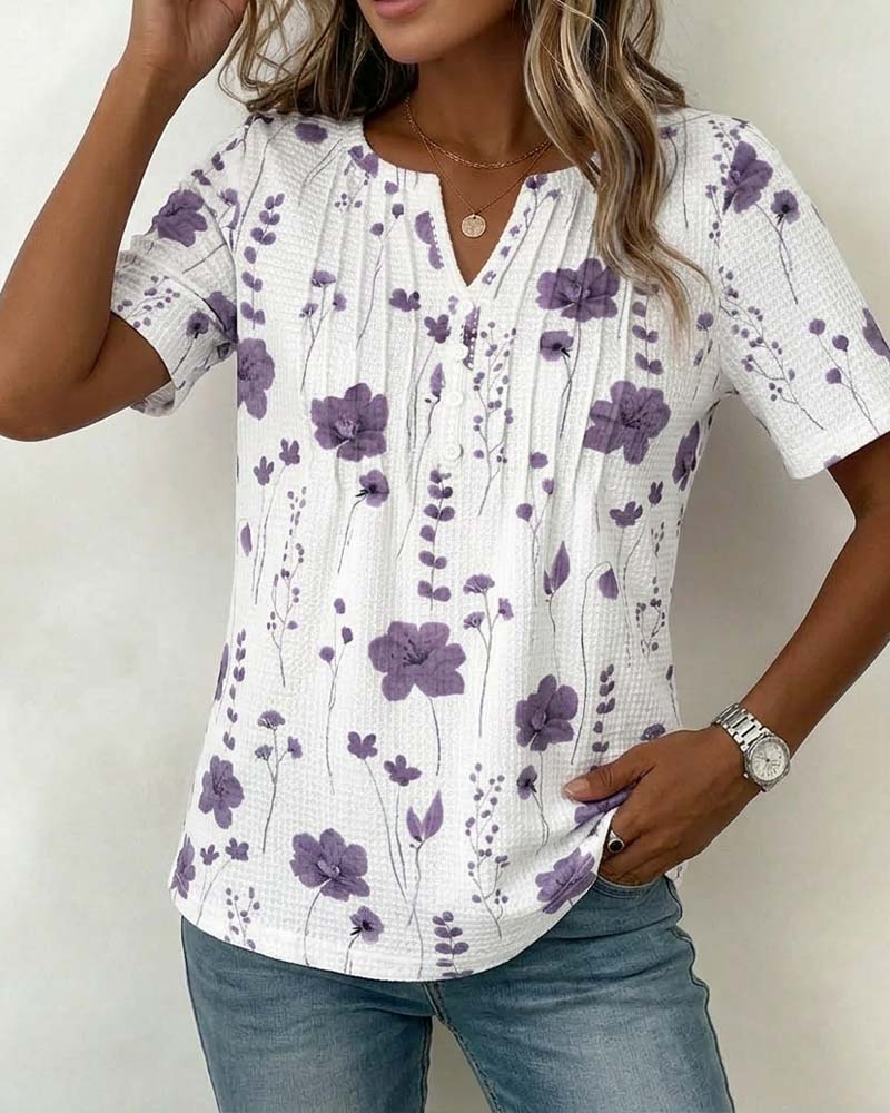 T-Shirt Gaufré Col V Floral