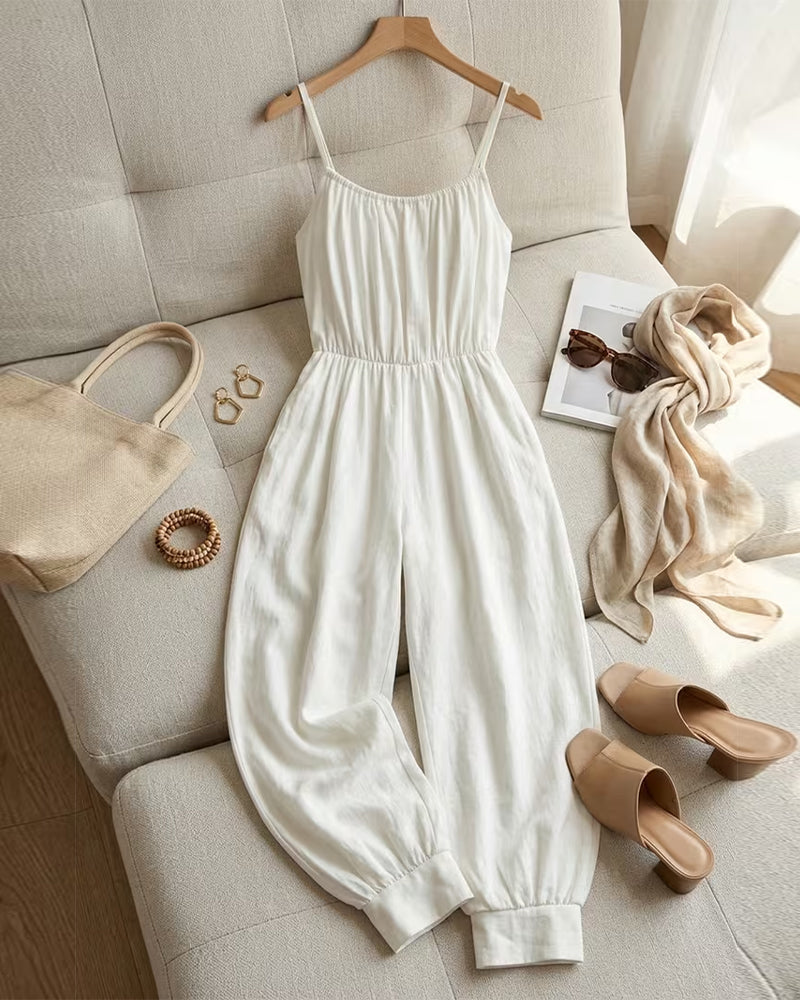 Jumpsuit Bretelle Spaghetti Plissé Cintré Jambe Large