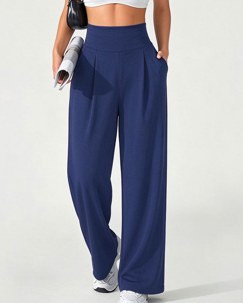 Pantalon Taille Haute Poche Uni Jambe Large