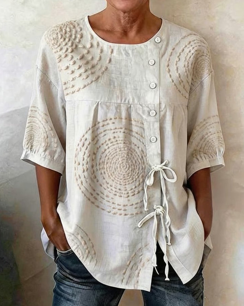 Blouse Col Rond Ample Nœud Latéral Imprimée
