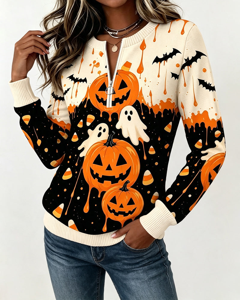 Sweatshirts Fermeture Éclair Manche Longue Imprimé Citrouille