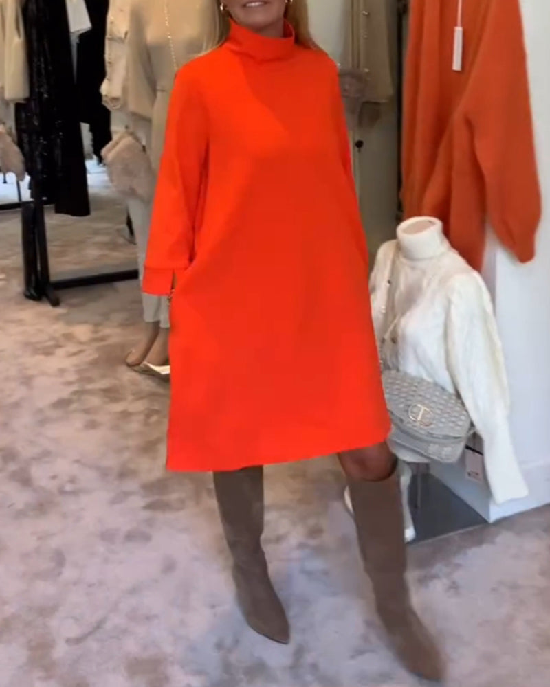 Robe décontractée à col roulé de couleur unie