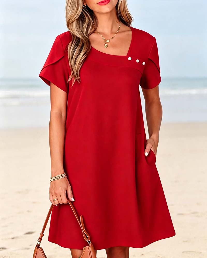Robe Col Asymétrique Bouton Manche Courte Unie