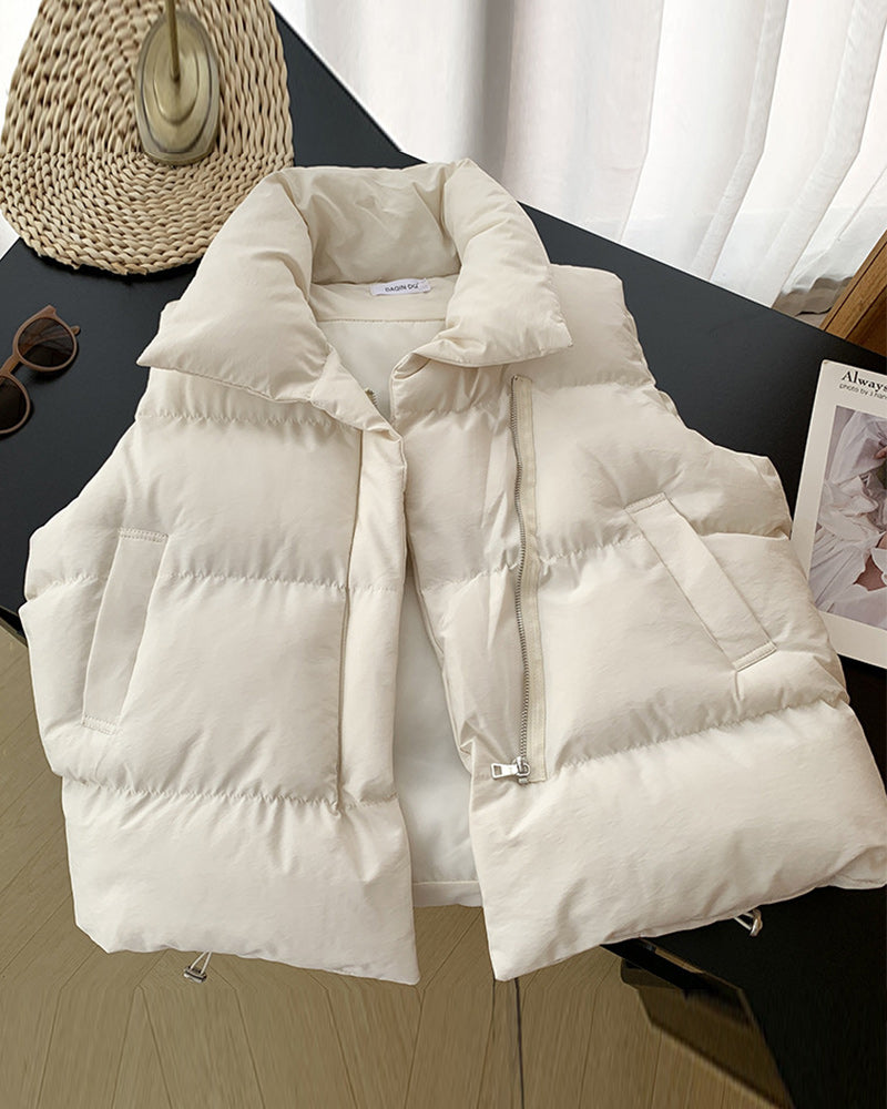 Veste matelassée simple sans manches avec poche zippée de couleur unie
