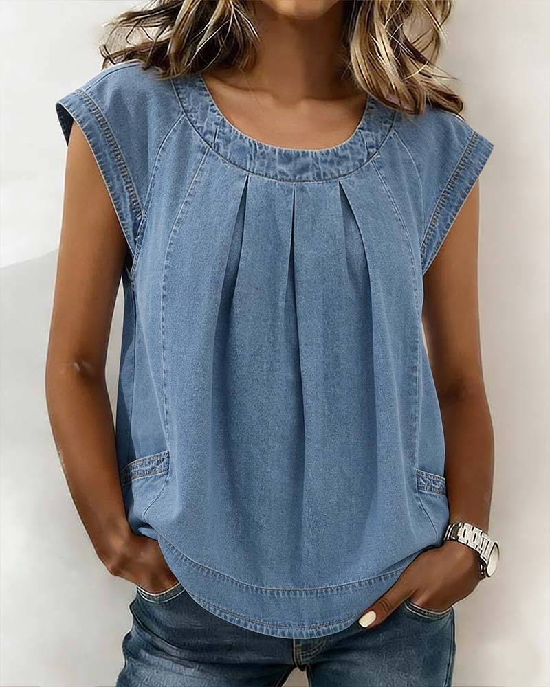 Débardeur Denim Sans Manches Plissé