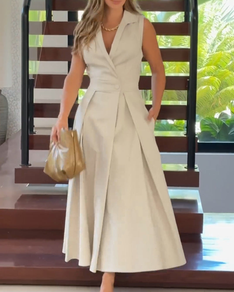 Robe élégante de couleur unie à revers sans manches