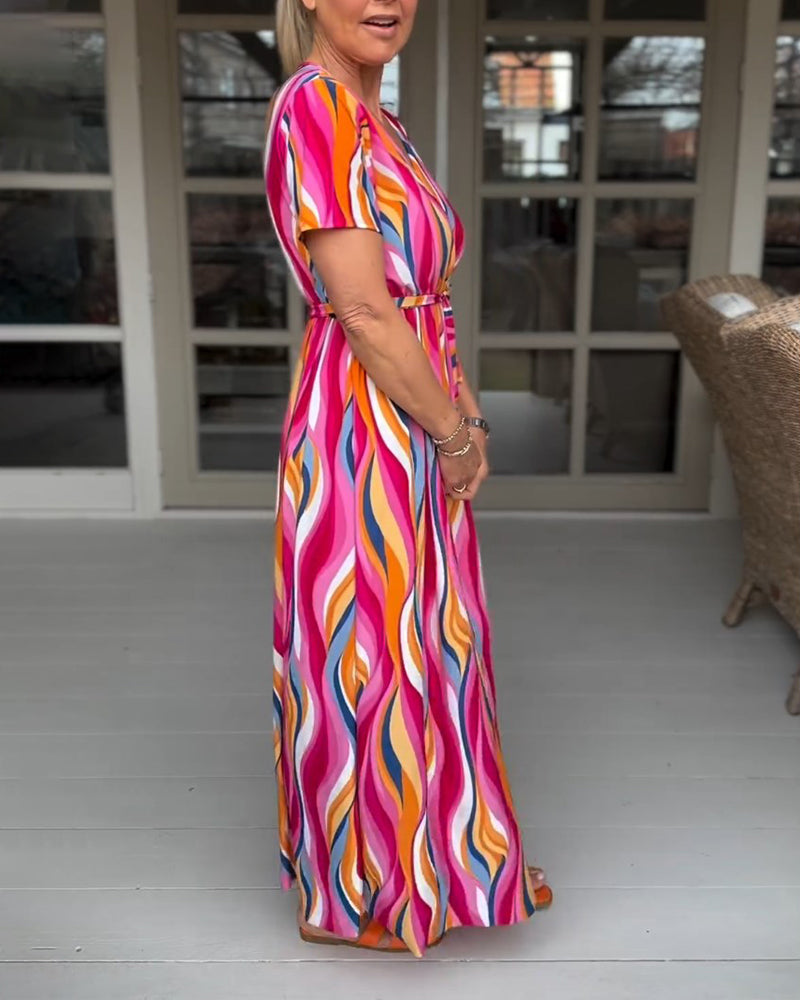 Robe longue à lacets à manches courtes et imprimé coloré