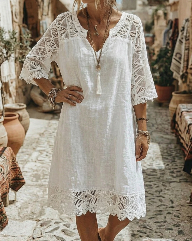 Robe Col V Dentelle Patchwork Décontractée