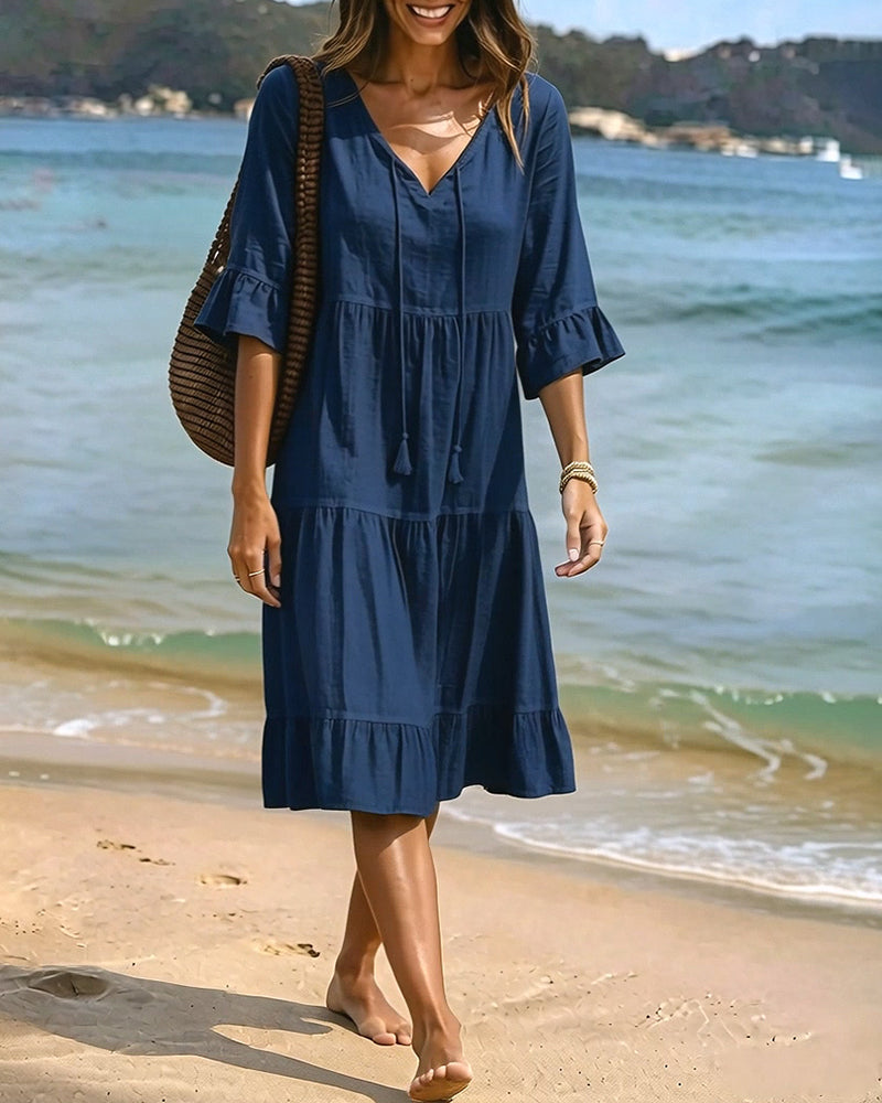 Robe Évasée Demi-Manche Nœud À La Taille