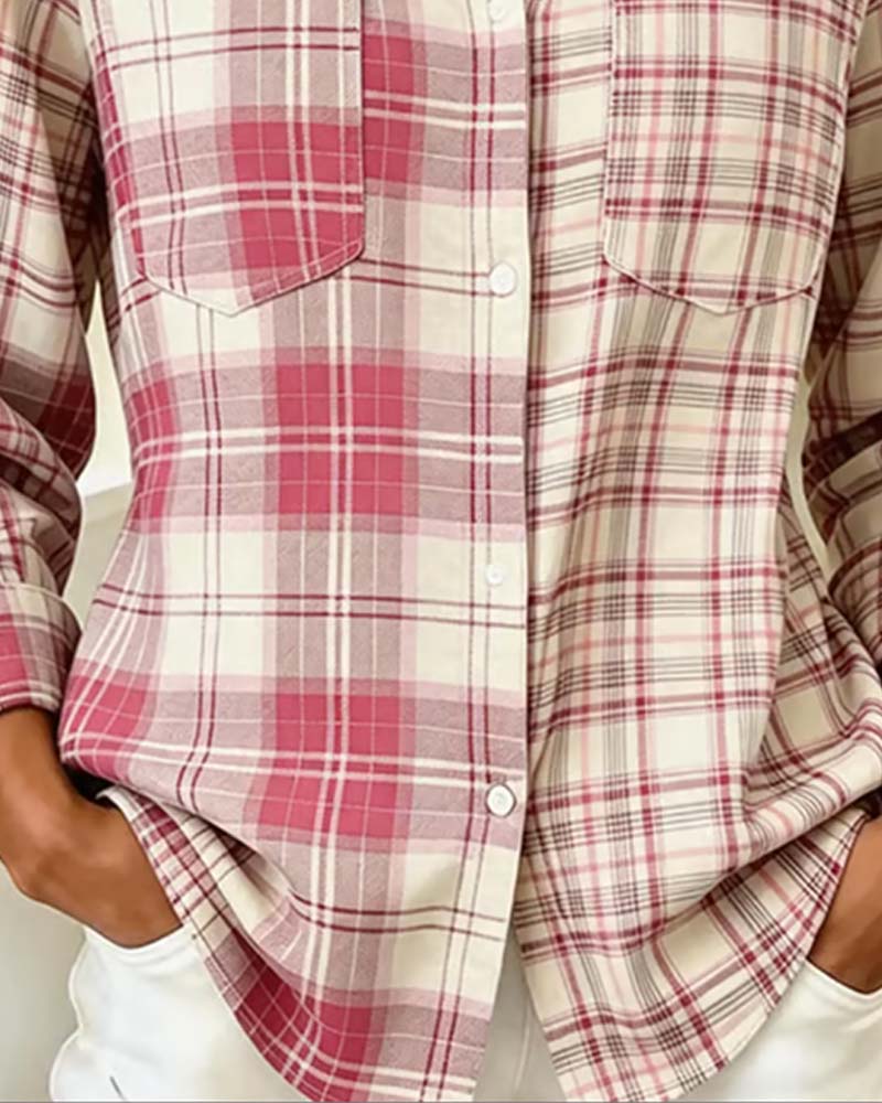 Chemise À Carreaux Bloc De Couleur Manches Longues