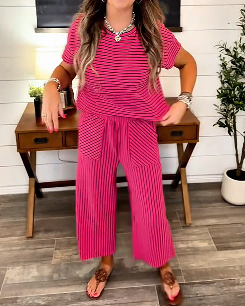 Ensemble Col Rond Rayé Taille Élastique Poche
