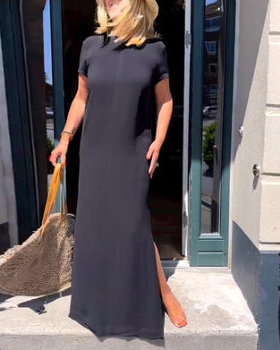 Robe élégante à manches courtes en couleur unie