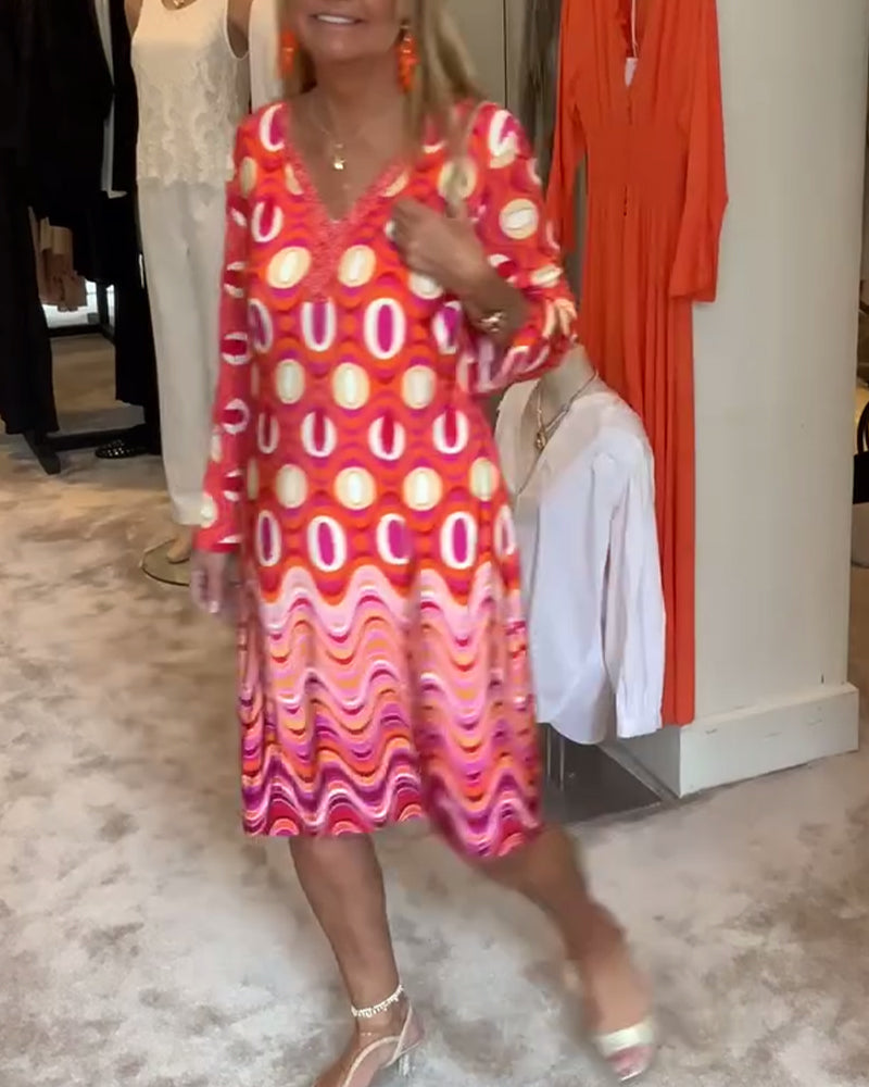 Robe décontractée ample imprimée à col en V et à manches longues