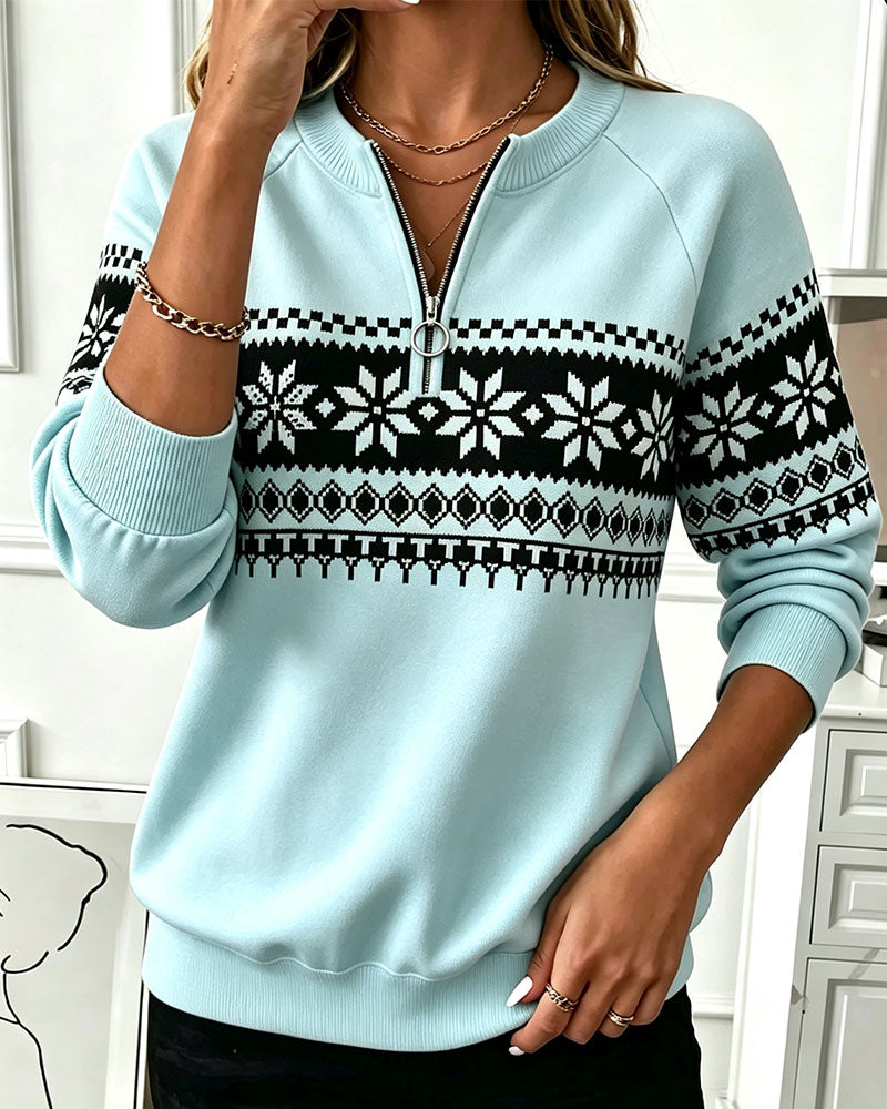 Sweat-Shirt Flocon De Neige Imprimé Demi-Zip